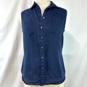 TALBOTS Navy 100% Linen Sleeveless Linen Button Front Tank Womens Petite S Beach